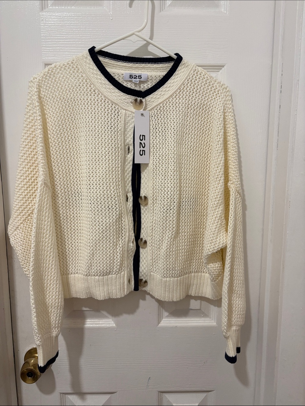 525 America Cream Knit Cardigan with Black Contrast Trim